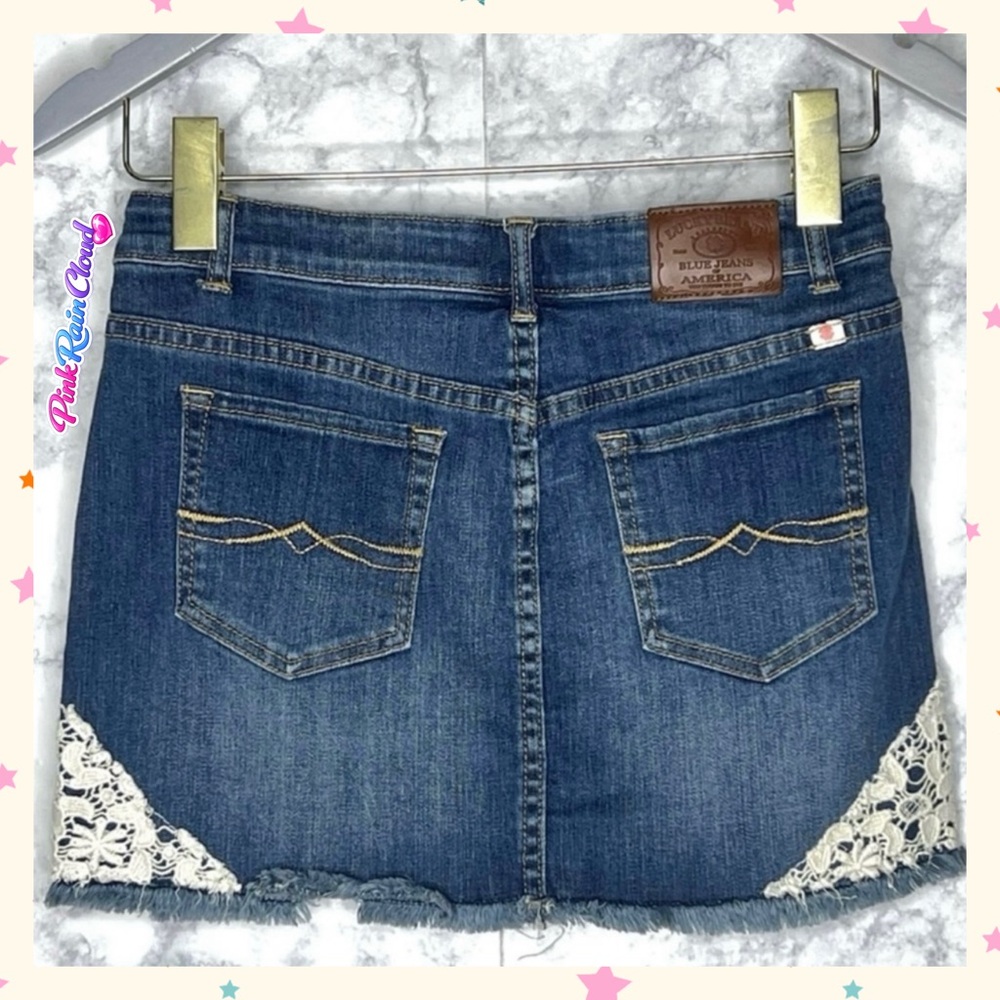 Lucky Brand Girls Sofia Mini Medium Wash Denim Skirt Lace Raw Hem Size 16